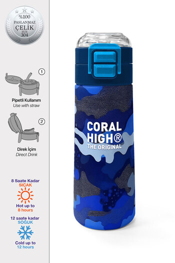Coral High Kids Navy Blue Saks Camouflage Patterned Straw and Direct Drinking Steel Thermos 500 ml 31889