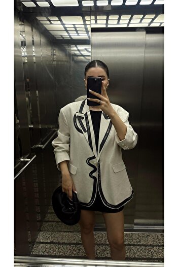 HAZELANNA Premium Linen Jacket - Black Printed, Cream Color