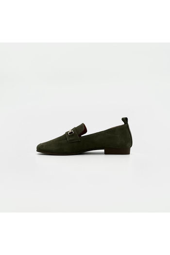 Folle Khaki Suede Women's Loafer – Gold Buckle, Flat Heel