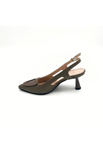 Folle Hakiki Deri Vizon Renk 6cm Topuklu Slingback Ayakkabı