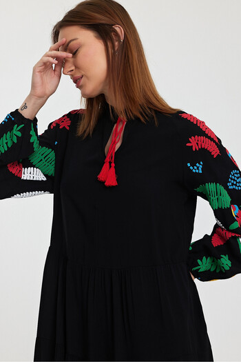 bacc Black Embroidered Long Women's Dress - Tie-Up Collar, Woven Bcvl-241027