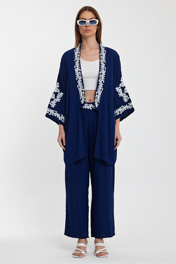 bacc Navy Blue Embroidery Girdle Kimono Pants Suit Large Size Spirit Fit