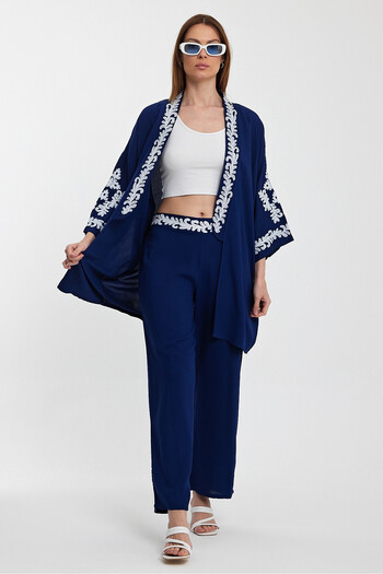 bacc Navy Blue Embroidery Girdle Kimono Pants Suit Large Size Spirit Fit