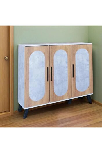 Generic Modern Shoe Cabinet Malaysian Wood 5 Shelves 3 Doors - Gray with Wooden