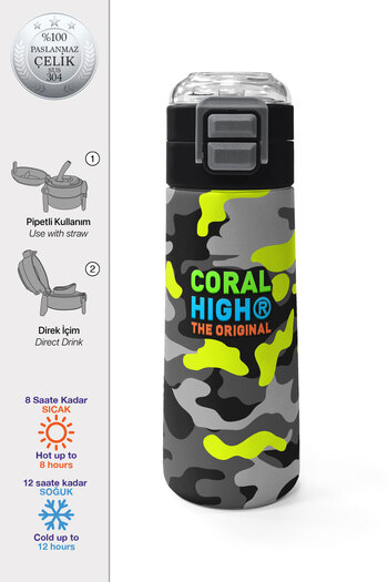 Coral High Kids Black Gray Camouflage Patterned Straw and Direct Drinking Steel Thermos 500 ml 31909