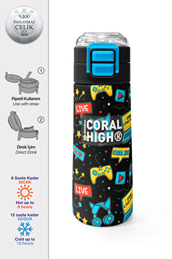 Coral High Kids Black Blue Gamer Patterned Steel Thermos with Straw and Direct Drinking 500 ml