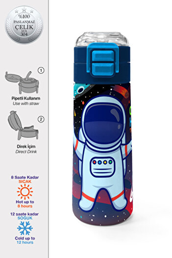 Coral High Kids Saks Blue Astronaut Patterned Steel Thermos with Straw and Direct Drinking 500 ml 31933