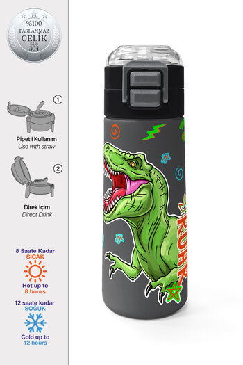 Coral High Kids Black Gray Dinosaur Patterned Steel Thermos with Straw and Direct Drinking 500 ml 31946