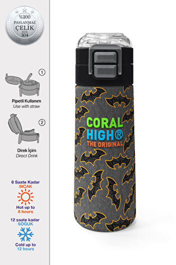 Coral High Kids Gray Mustard Bat Patterned Straw and Direct Drinking Steel Thermos 500 ml 31932