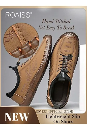 ROAISS New Mens Casual Drawstring Non-slip Soft Sole Flat Shoes Fashion Round Toe Shoes Daily Hand Stitched