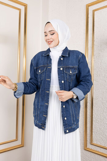 Tesettür Dünyası Denim Jacket with Ornamental Pockets Tsd250177 Dark Blue