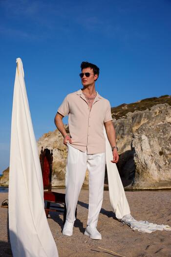Pobudo Cream Color Textured Short Sleeve Men's Shirt