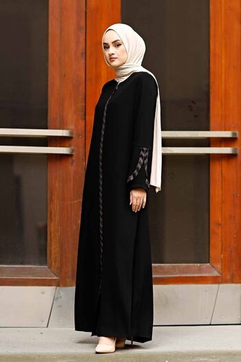 ISTANBUL STYLES Large Size Stone Striped Women's Ferace Sleeve Detailed Laser Stone Crepe Fabric Ferace