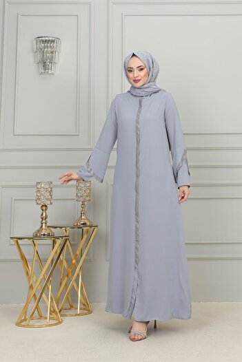 ISTANBUL STYLES COPY - Large Size Stone Striped Women's Ferace Hand Detailed Laser Stone Crepe Fabric Ferace