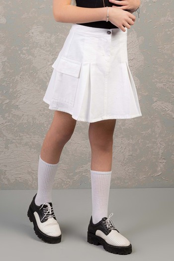 ww waka waka kids store Girl's Cargo Pocket Pleated Denim Skirt - White - Age 10-11