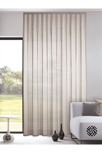 FAVOLLİ Beige Color Linen Look Pleated Tulle Curtain Does Not Need Ironing