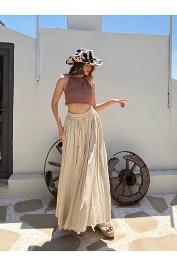 MODAGK Seersucker Linen Lined Kilos Bohemian Skirt-Cream Color