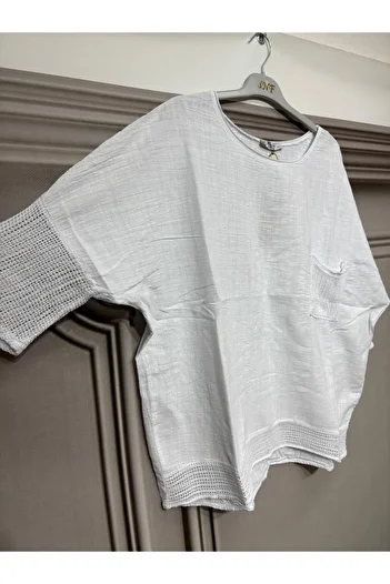 AGORATEKSTİL Γυναικεία Oversize Mesh 100% Λινό Μπλούζα