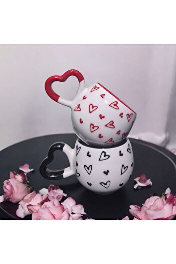 İZart 2' Li Heart Handle Detailed Special Embossed Lover Hand Embroidered Ceramic Mug