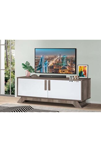 BAITY Luxury Wooden TV Stand with Fixed Base and 2 Storage Cabinets - 120 cm, Grey and White