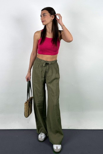 Love The Wind Polyamide Viscose Draped Khaki Palazzo Trousers