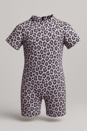 pistyle Girl's Leopard Patterned +40 Factor Sun UV Dried Light Pink Jumpsuit Swimsuit