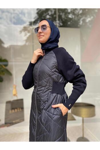 Invee Navy Blue Women's Coat - Sleeve Knitwear, Broken Glass Pattern