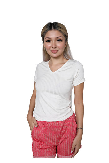 Akbeniz Kadın Kısa Kol Penye Şortlu Pijama Takım 3627 Ekru