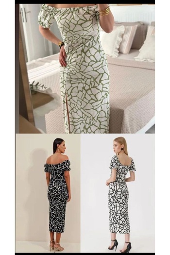 atelyu Women Marble Pattern Black and White Summer Dress with Slit Detail