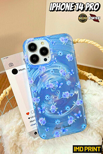 EWEC iPhone 14 Pro Uyumlu Gradyan Mavi Gül ve Kelebek Hologram Ins Style IMD Premium Telefon Kılıfı