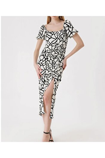 atelyu Women Marble Pattern Black and White Summer Dress with Slit Detail