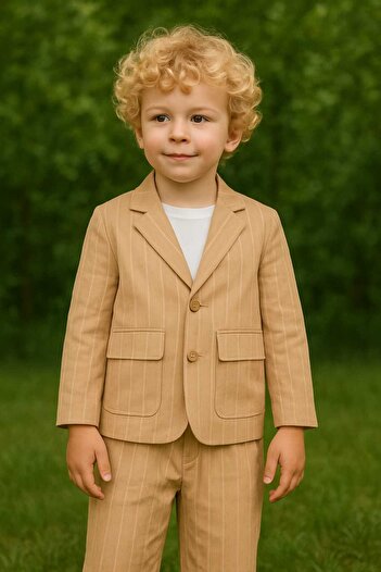 Prime Butik Linen Boy Beige 3 Piece Set Trousers Jacket |   Stylish – Comfortable – Natural Look