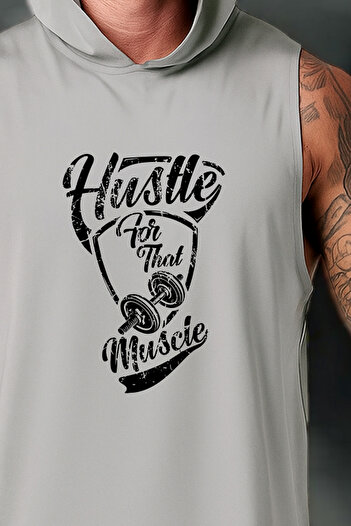 BESSA Men's Gray Hustle Printed Oversize Crew Neck Cotton Hooded Sports Tank Top