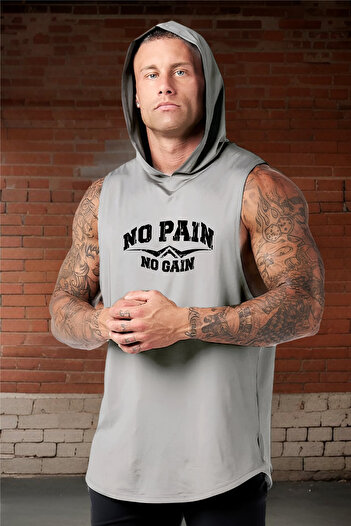 BESSA Men's Gray Oversize No Pain Printed Cotton Hooded Tank Top/T-Shirt - Crew Neck