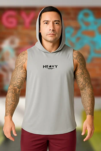 BESSA Gray Oversize Crew Neck Bessa Printed Men's Sports Undershirt - Hooded, Sleeveless