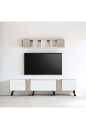 Generic Wooden TV Table with 3 Drawers and Wall Shelves - 180 cm, White and Light Brown