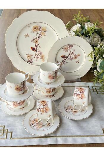 ROSSEV Turkish Coffee Cup Flowers Bird Modern 12 Pieces for 6 People