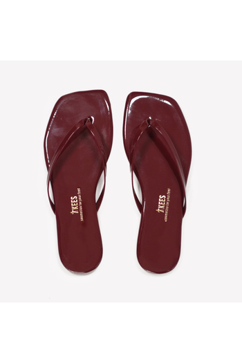 Tkees Papuci de casă pentru femei din piele lăcuită Burgundy Square Toe Casual Stylish