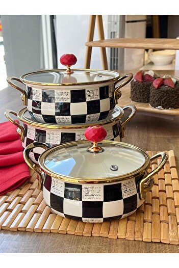 ROSSEV 3-Piece Checkerboard Enamel Pot Set