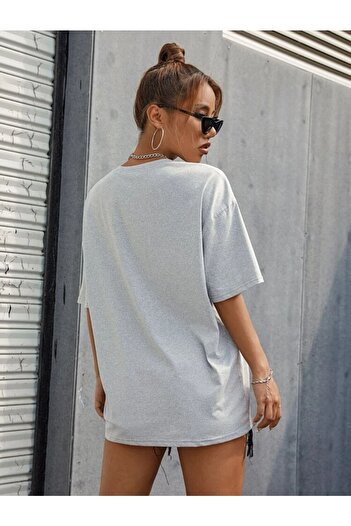 BENROMA Unisex Pamuk Gri Bisiklet Yaka Oversize Boyfriend T-shirt Ocean Baskılı