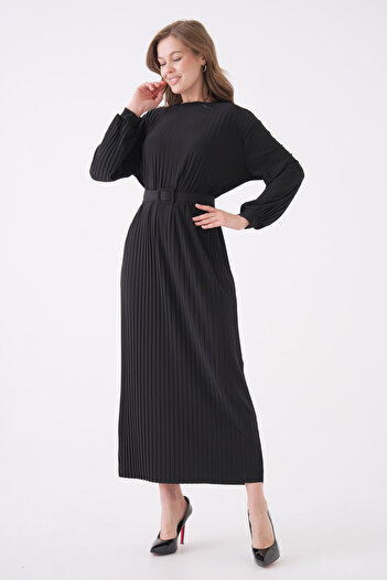 NİSUM MODA Complete Long Dress with Pleats and Belt
