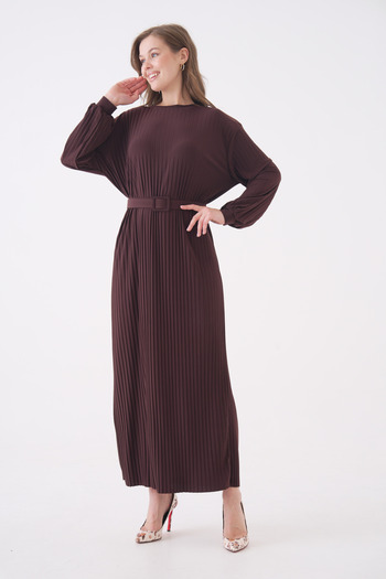 NİSUM MODA Complete Long Dress with Pleats and Belt
