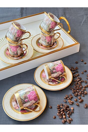 ROSSEV 24K Flores Turkish Coffee Cup - 12 Pieces for 6 People