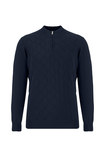 Abdullah Kiğılı Bato Collar Regular Fit Zippered Patterned Cotton Cashmere Knitwear Sweater