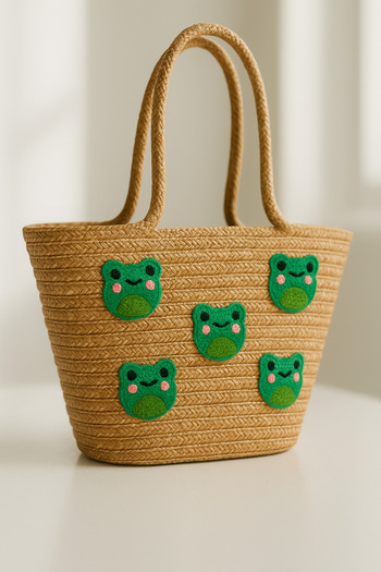 Rell Home Frog Patterned Punch Detailed Summer Jute Beach Bag 40X25 cm