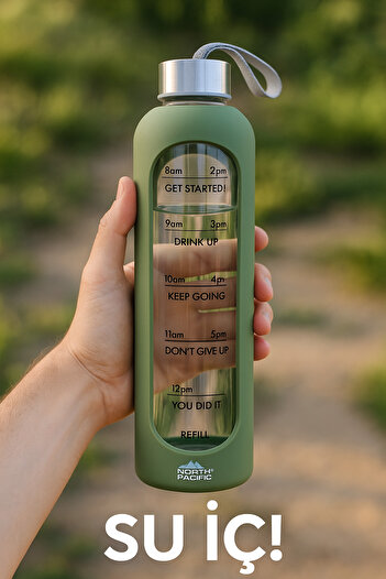 North Pacific Motivational Glass Water Bottle 1 Liter - Borosilicate Bottle with Hourly Goals