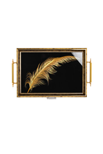 HIC Golden Wooden Serving Tray With Black Floor 3D Design And Golden Hand