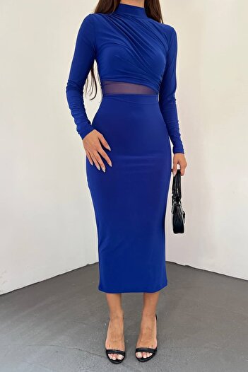 WOMAN VISION Rochie albastră, cu mânecă lungă, cu mânecă lungă, cu tul, cu decolteu adânc, cu mânecă lungă, 10957