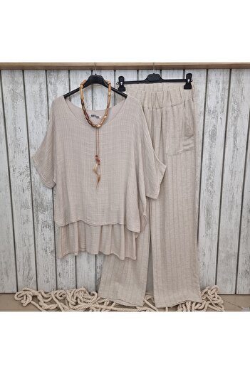 pudubutik Elastic Waist Linen Textured Trousers Beige