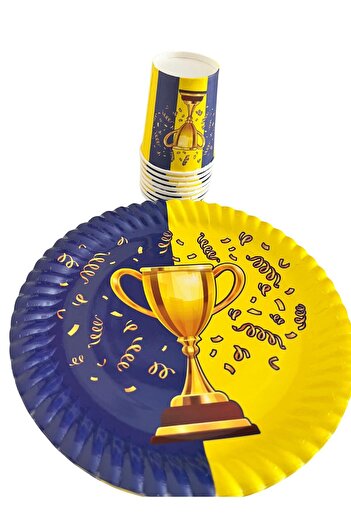 partyrüyası Yellow Navy Blue Trophy Themed Birthday Set for 8 People